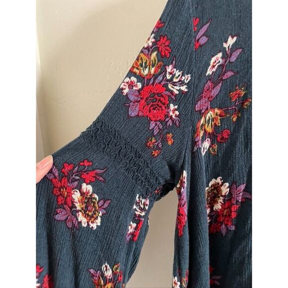 Free People Mini Swing Dress XS Blue Floral Long Balloon Sleeves Tunic Top - Picture 4 of 7
